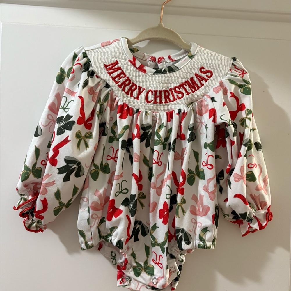 Merry Christmas embroidered bow baby girl bubble romper 6 months